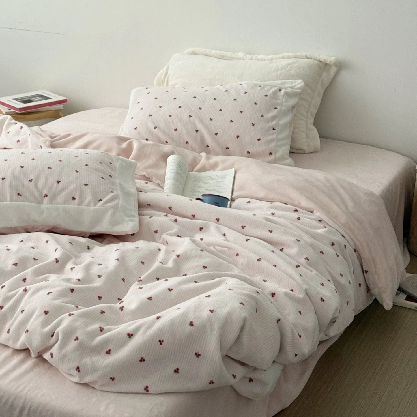 Plush Embroidered Cherry Flannel Fleece Bedding Set