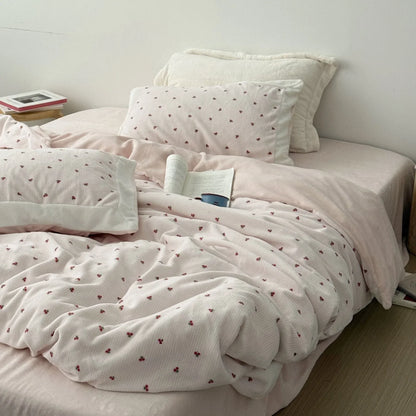 Plush Embroidered Cherry Flannel Fleece Bedding Set