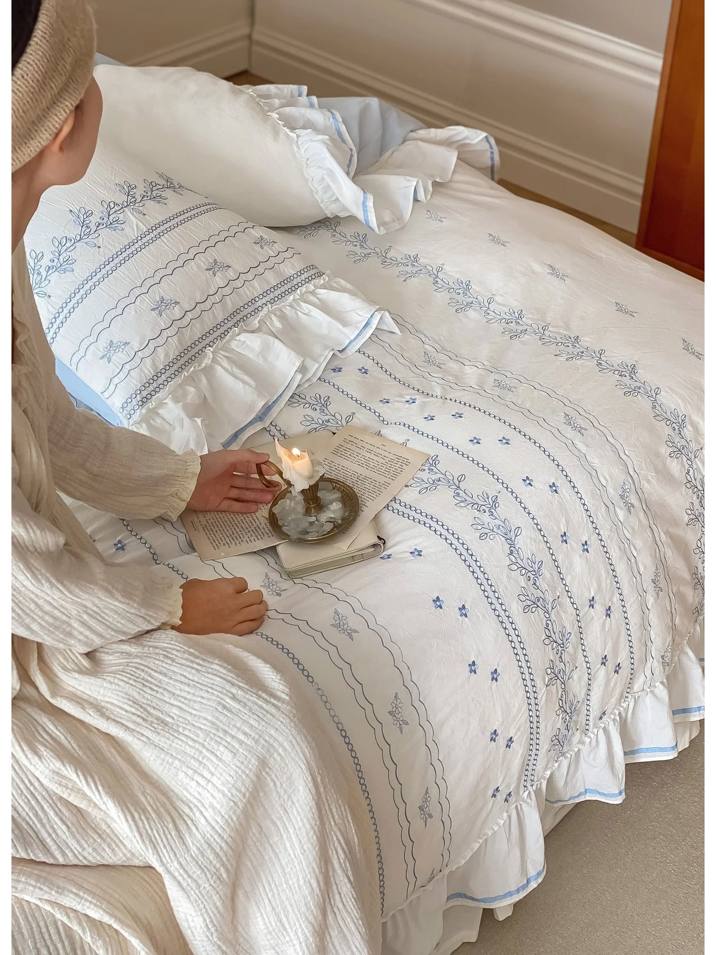 Ruffled Floral Vine Embroidered Cotton Bedding Set