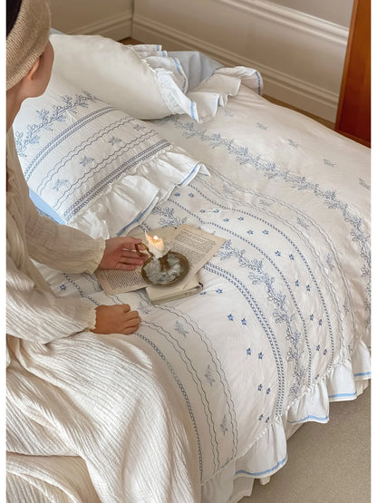 Ruffled Floral Vine Embroidered Cotton Bedding Set