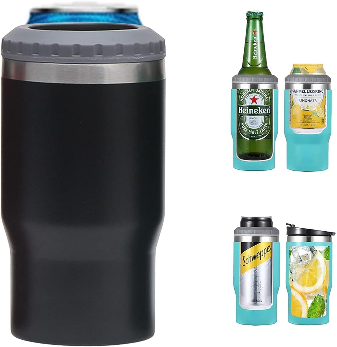 4 in 1 Stainless Steel Can/Bottle Insulator, 14Oz Two-Way Lids SUS Insulated Can Cooler, Beer Bottle Holder (Black) Home & Kitchen Kitchen & Dining Storage & Organization Thermocoolers Travel & To-Go Food Containers