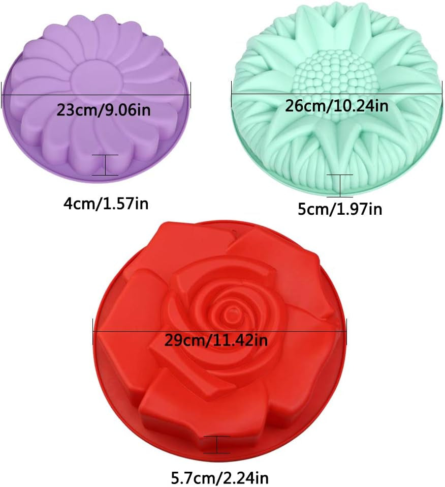 3 Pack Large Silicone Baking Molds,Danzix Rose Sunflower Whirlwind Shape Non-Stick Baking Trays for Birthday Party Cake Bread Diy-Red,Green,Purple Bakeware Cake Pans Home & Kitchen Kitchen & Dining Specialty & Novelty Cake Pans