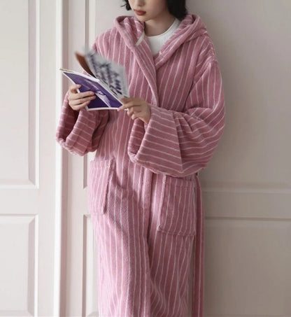 Plush Vertical Striped Cotton Hooded Robe