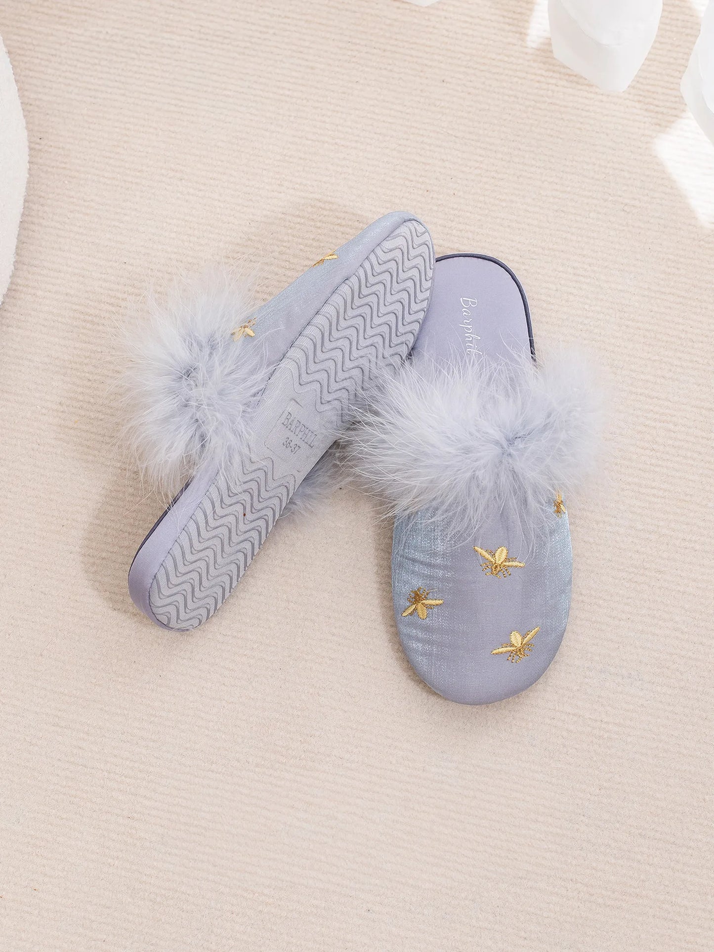 Fluffy Embroidered Bee Satin House Slippers