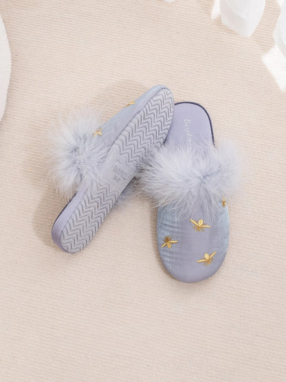 Fluffy Embroidered Bee Satin House Slippers
