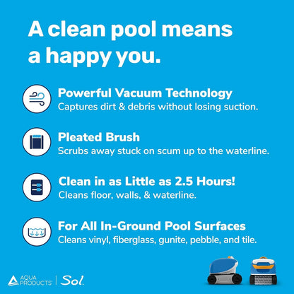 Sol Robotic Pool Cleaner, Automatic Vacuum for Inground Pools up to 36Ft, 50Ft Cable Length, Wall Climbing Vac W/Strong Suction & Easy to Clean Debris Basket Automatic Pool Cleaners Cleaning Tools & Chemicals Hot Tubs & Supplies Lawn & Garden Patio Pools Robotic Pool Cleaners