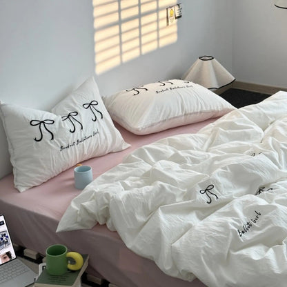 Textured Embroidered Bowknot Washed Cotton Bedding Set