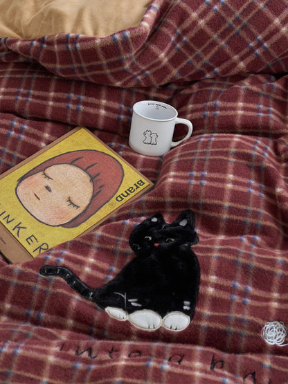 Plush Plaid Cat Embroidered Flannel Fleece Bedding Set