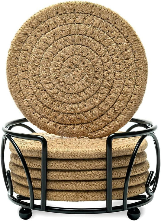 Coasters for Drinks with Metal Holder, Vintage Woven Coasters for Table Protection, Water Absorbent Coaster Set, Handmade Braided Fabric Coasters Heat-Resistant Bar Tools Bar Tools & Drinkware Coasters Dining & Entertaining Home & Kitchen Kitchen & Dining