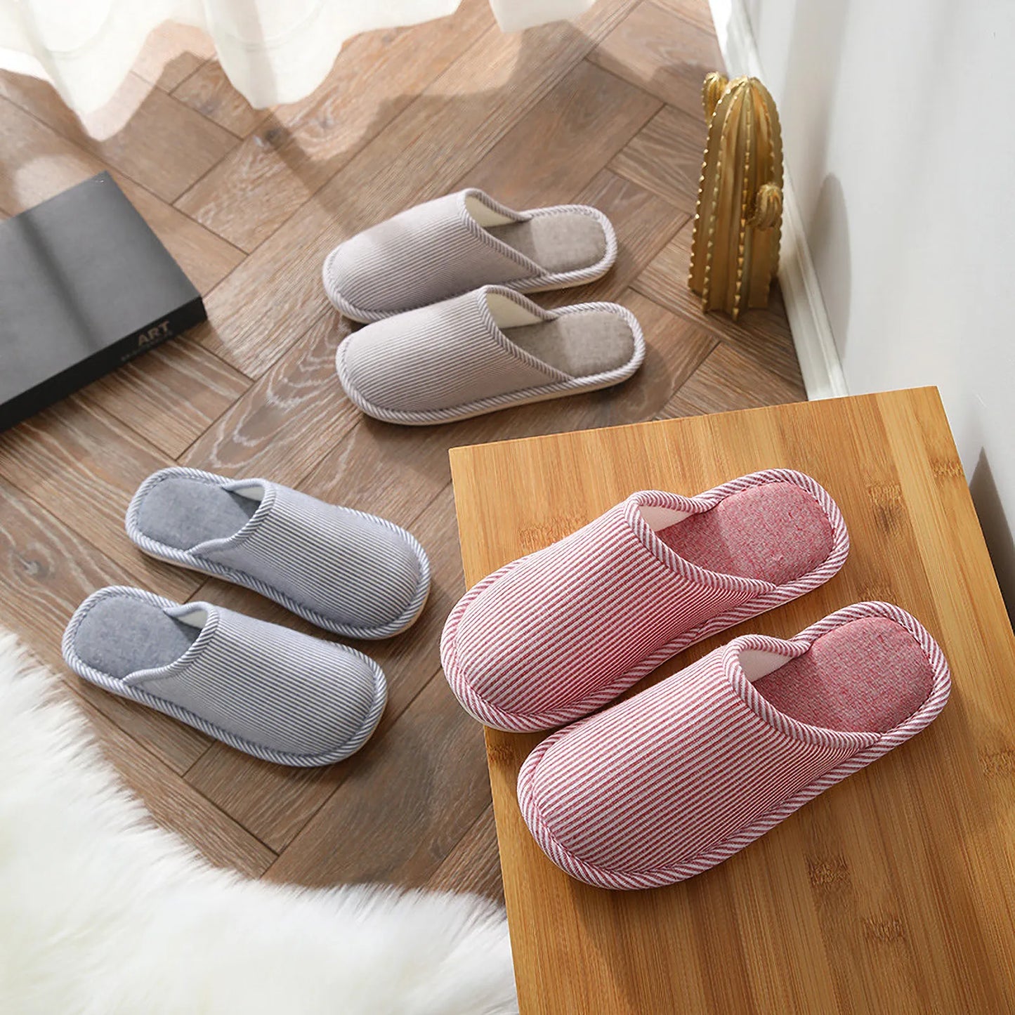 Breathable Pinstripe Cotton House Slippers