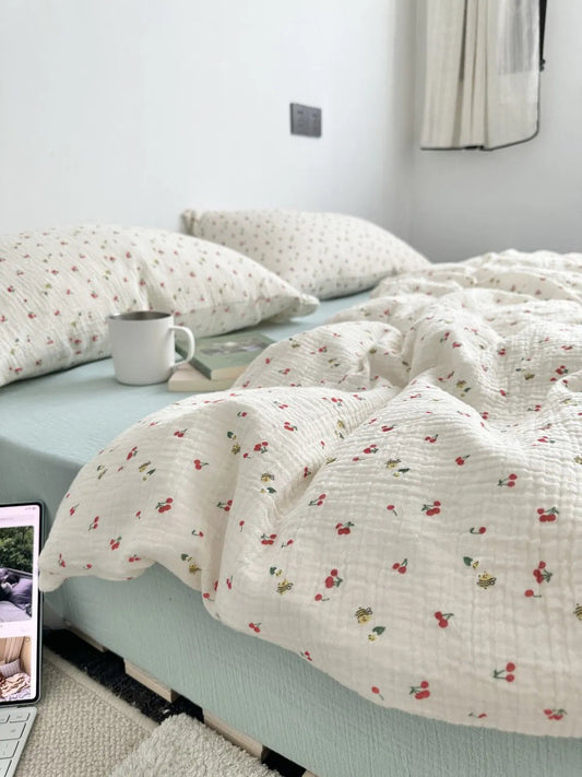 Textured Cherry & Bee Print Washed Cotton Bedding Set
