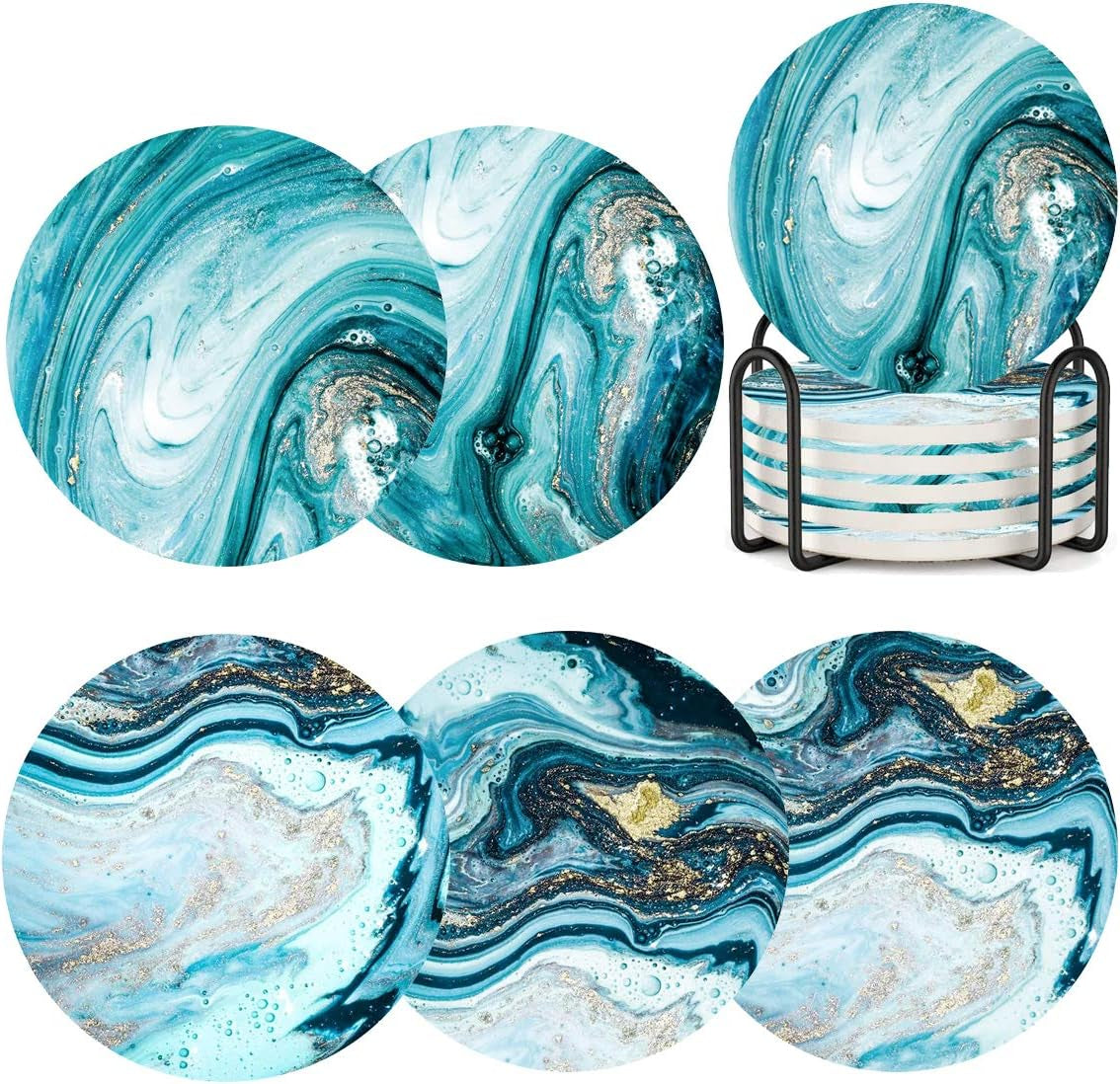 Coasters for Drinks with Holder Set of 6,Marble Blue Ocean Style Absorbent Ceramic Coasters with Cork Base,No Scratched and Soiled Bar Tools Bar Tools & Drinkware Coasters Dining & Entertaining Home & Kitchen Kitchen & Dining