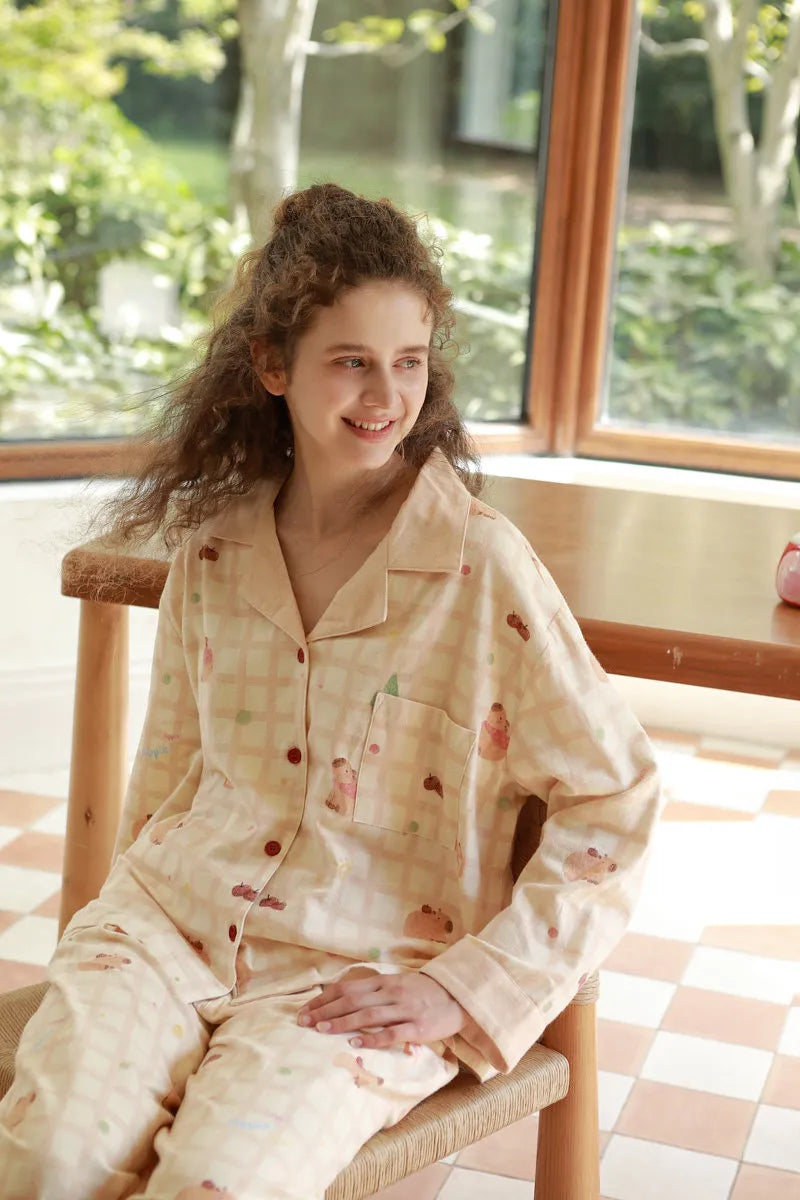 Soft Capybara Plaid Cotton Pajama Set
