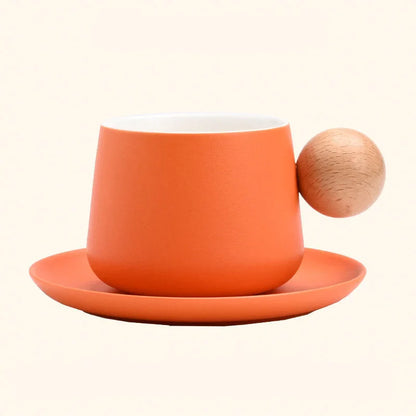 Frosted Ceramic Mug and Saucer with Wooden Ball Handle