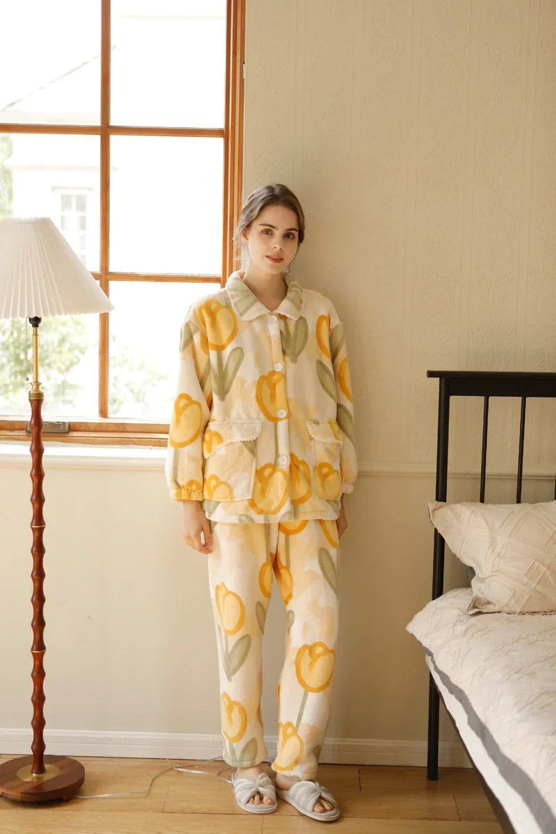 Plush Watercolor Tulip Flannel Fleece Pajama Set