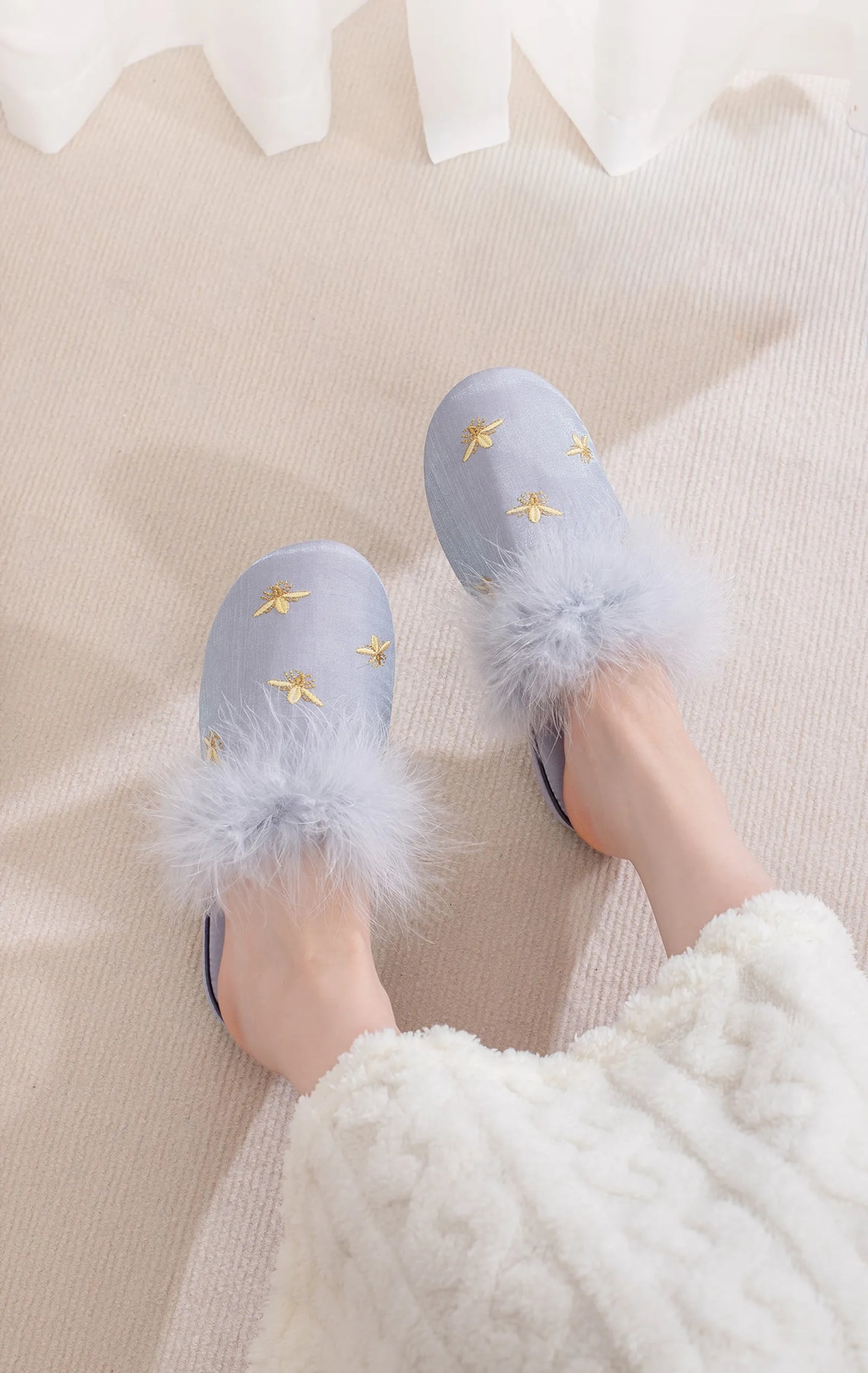 Fluffy Embroidered Bee Satin House Slippers