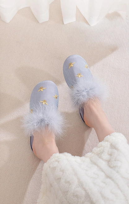 Fluffy Embroidered Bee Satin House Slippers