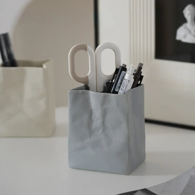 Textured Crumpled Paper Bag Ceramic Desktop Organizer