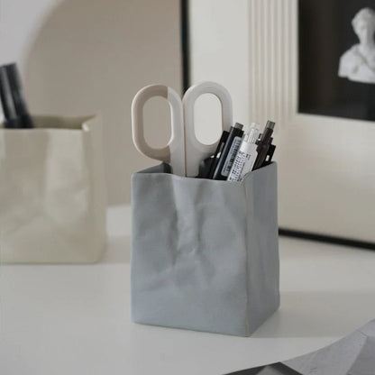 Textured Crumpled Paper Bag Ceramic Desktop Organizer