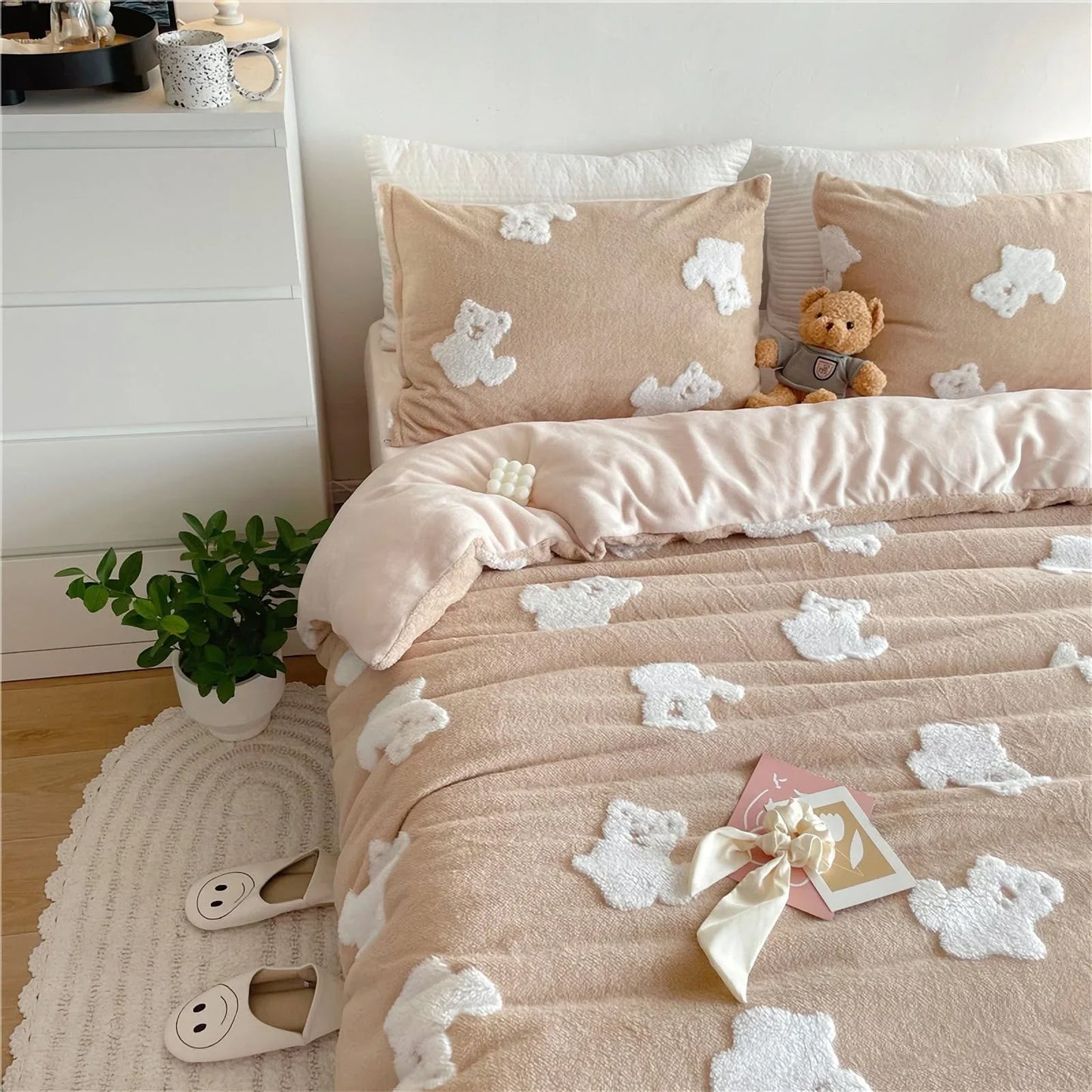 Plush Teddy Bear Flannel Fleece Bedding Set