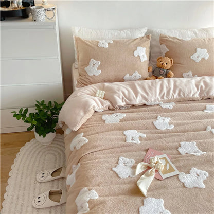 Plush Teddy Bear Flannel Fleece Bedding Set