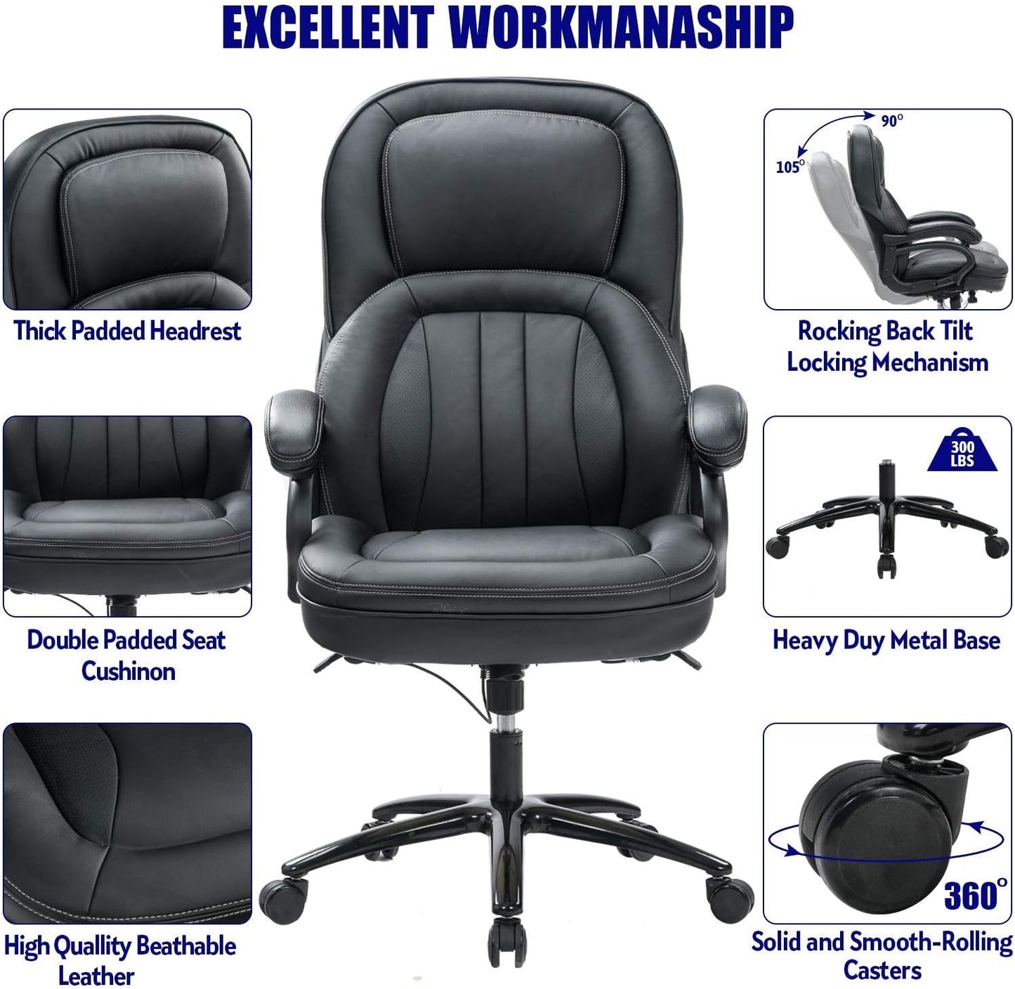 KCREAM Big and Tall Office Chair for Heavy People, Rocking Executive Office Chair Lumbar Support for Desk Chairs with Wheels Lazy Boy Leather Chair Work Chair Sillas Comfortable Chair (9118) Chairs & Sofas Managerial & Executive Chairs Office Furniture & Lighting Office Products