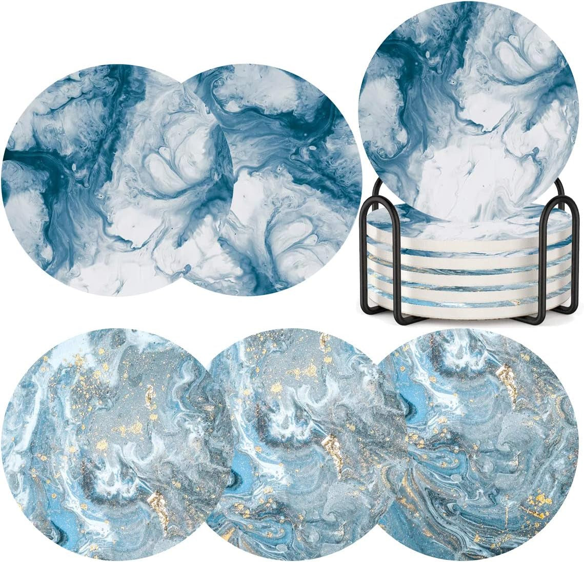 Coasters for Drinks with Holder Set of 6,Marble Blue Ocean Style Absorbent Ceramic Coasters with Cork Base,No Scratched and Soiled Bar Tools Bar Tools & Drinkware Coasters Dining & Entertaining Home & Kitchen Kitchen & Dining