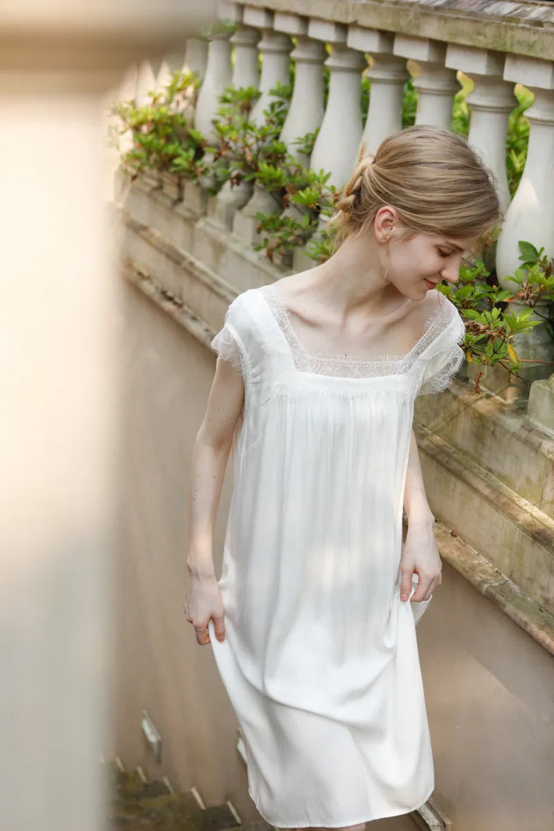 Silky Soft Lace Trim Cotton Sateen Pajama Dress