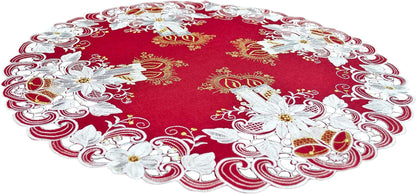 Christmas Candles Bells and Poinsettia Embroidered Red Doily Place Mat Small Table Topper (24 Inch Round)