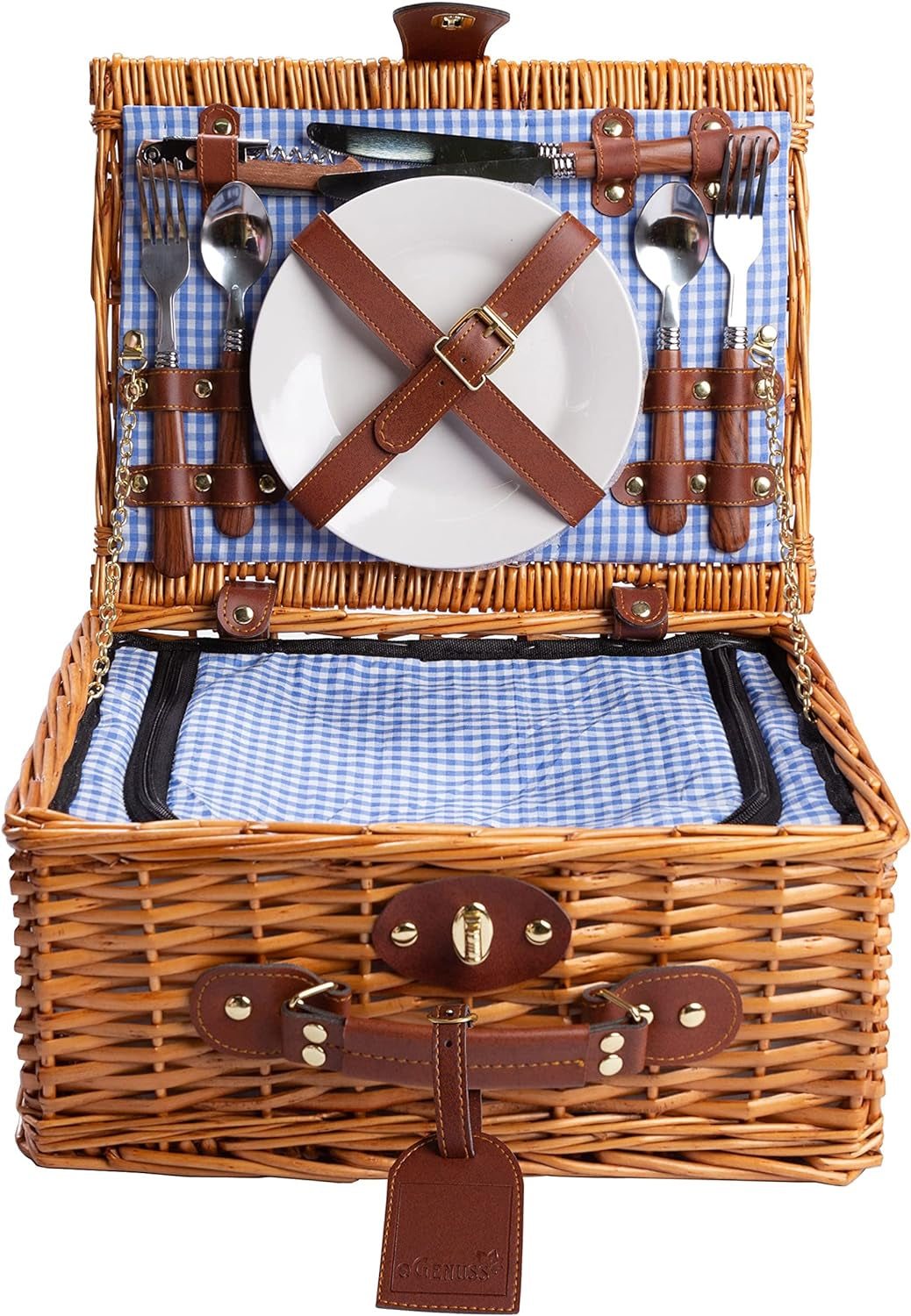 Wicker Picnic Basket for 2 | Set with Insulated Cooler, Plates, Portable Utensils | Blue Lawn & Garden Patio Patio Furniture & Accessories Picnic Baskets Picnic Sets Tables & Accessories