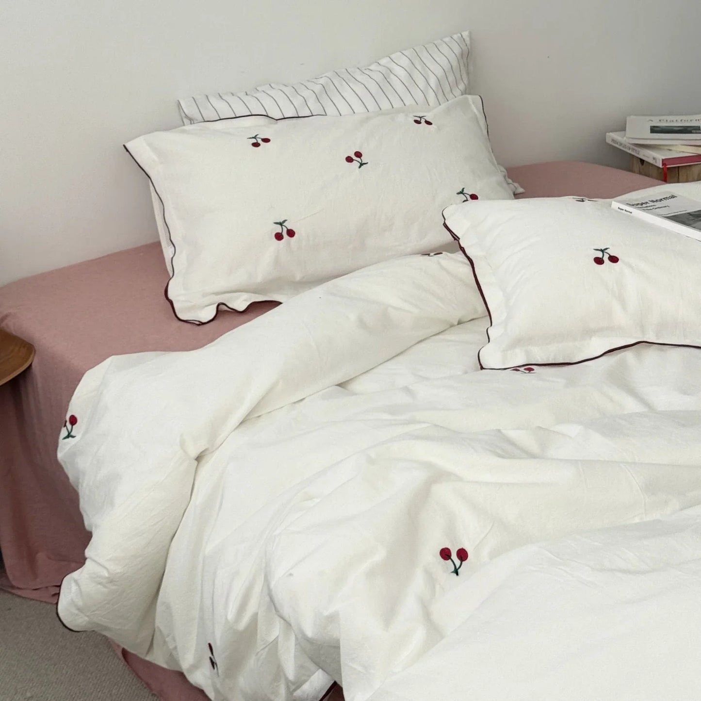 Soft Embroidered Cherry Washed Cotton Bedding Set