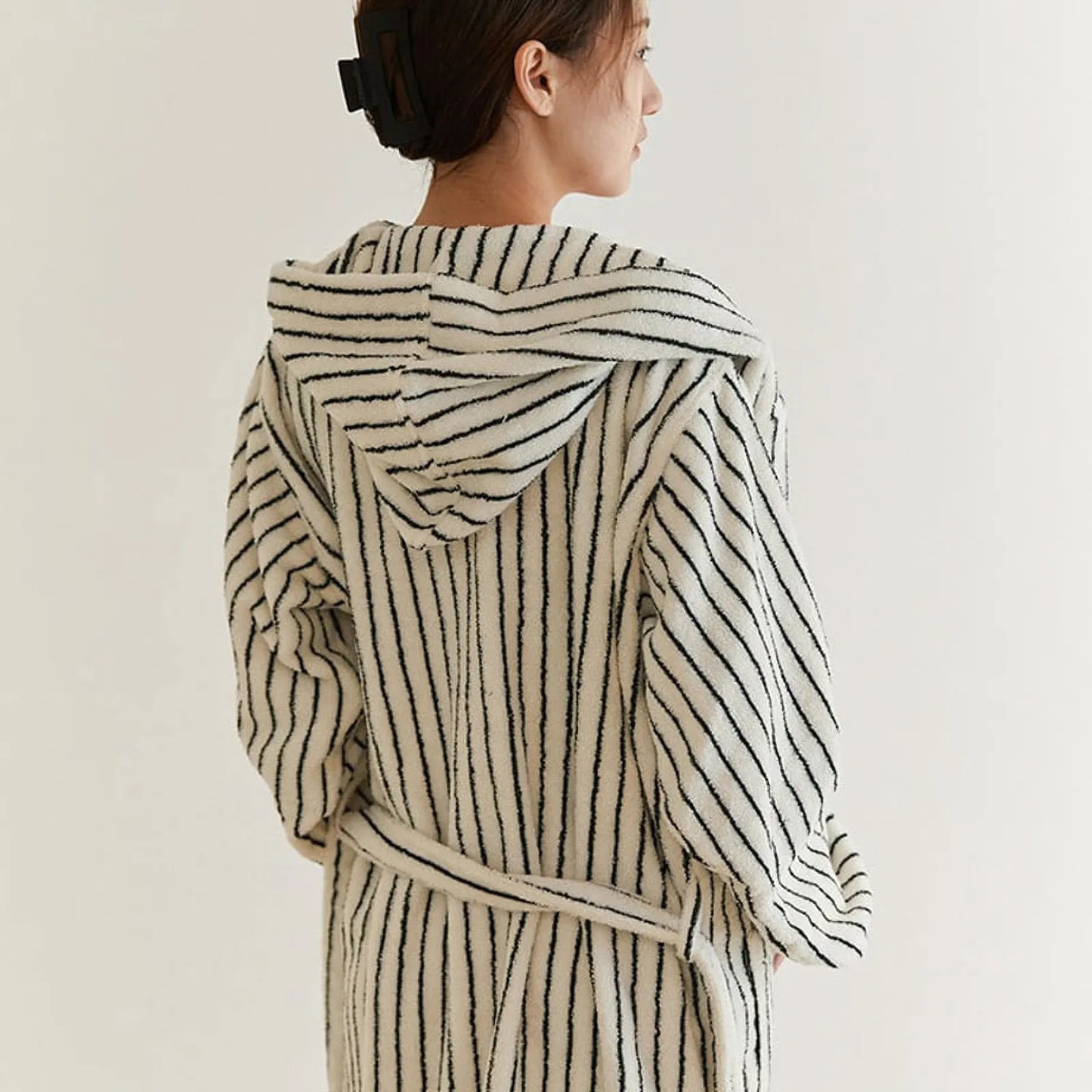 Plush Striped Long-Staple Cotton Hooded Robe