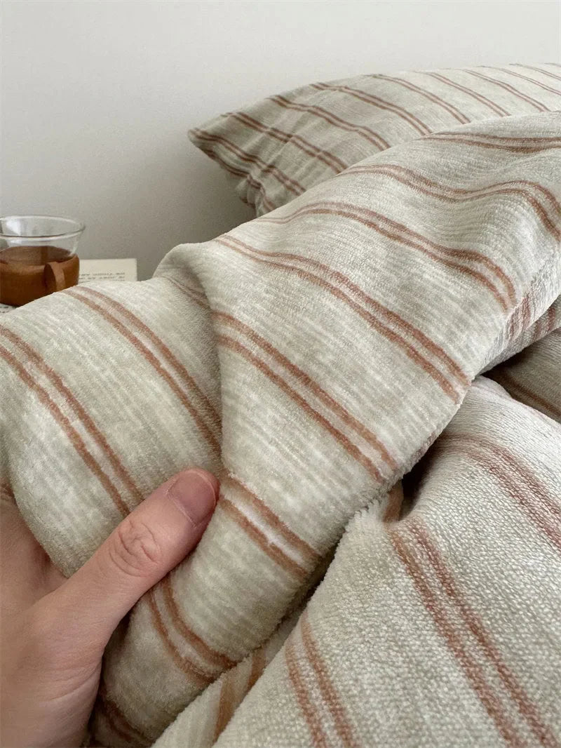 Plush Pinstripe Flannel Fleece Bedding Set