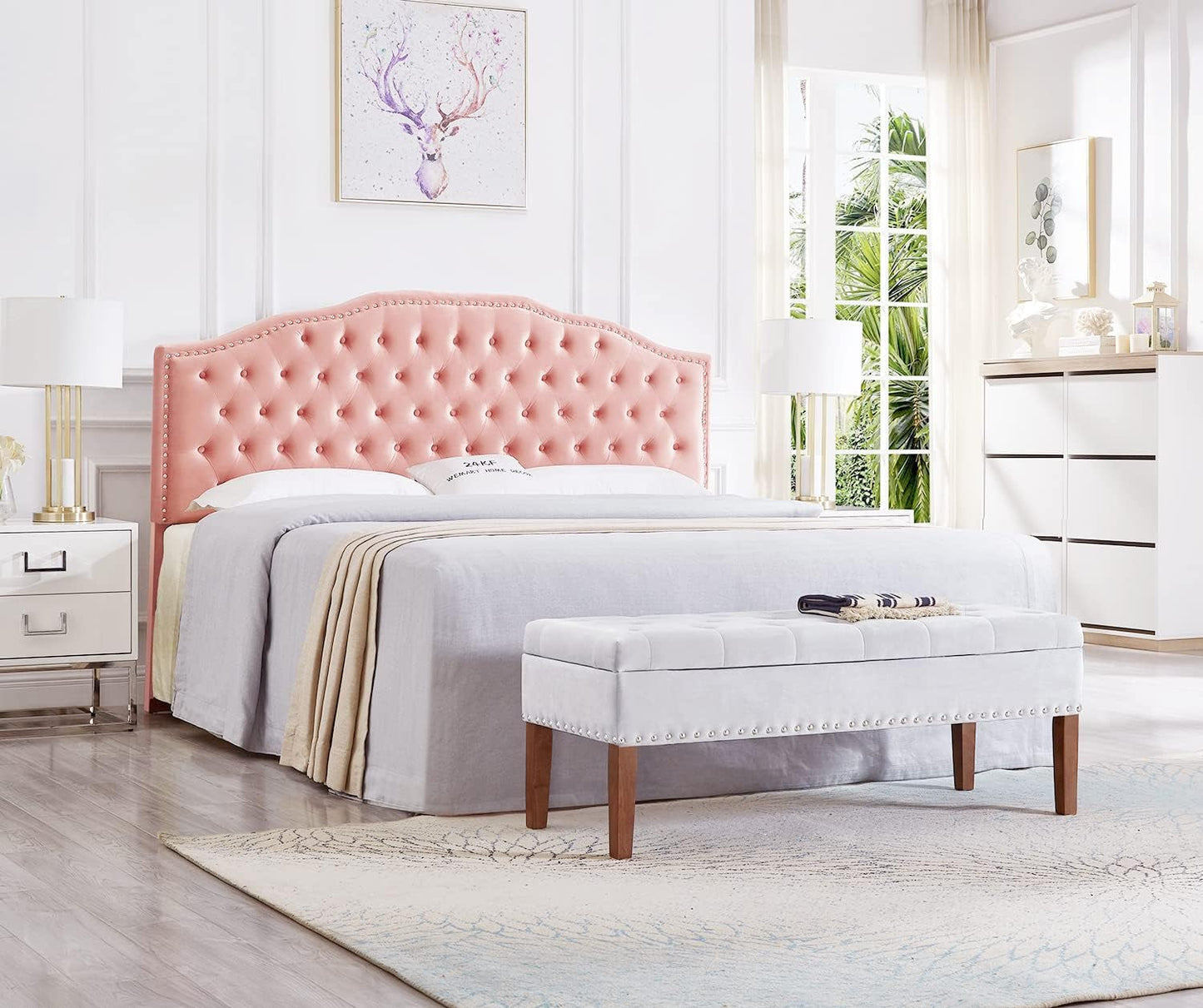 24KF Upholstered Button Tufted King Size Headboard with Nailhead Trim, Soft Velvet Fabric Headboard King/Cal King Size Headboard-Blush Pink Bedroom Furniture Beds Frames & Bases Furniture Headboards Headboards & Footboards Home & Kitchen