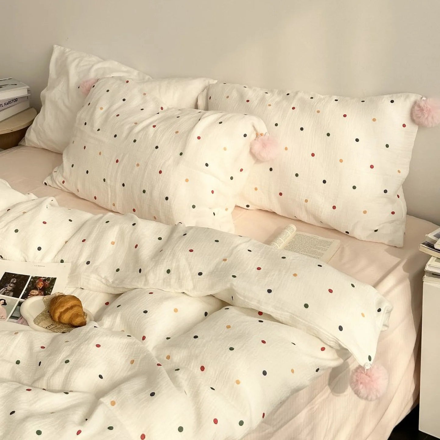Soft Polka Dot Cotton Bedding Set with Pom Poms