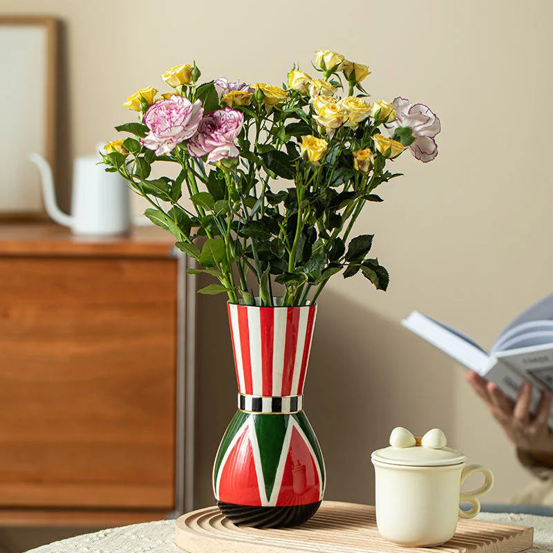 Glossy Harlequin Striped Ceramic Vase