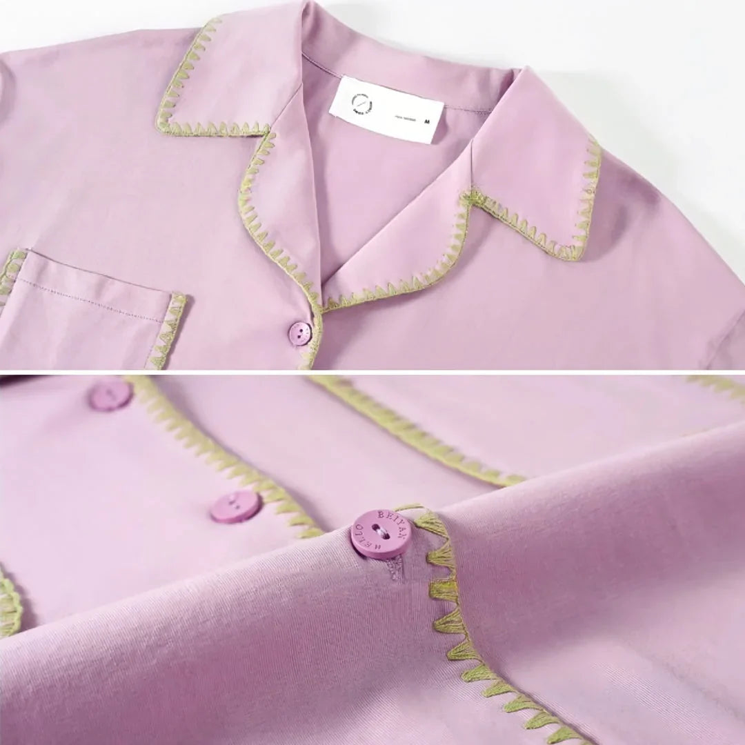 Soft Contrast Trim Cotton Pajama Set