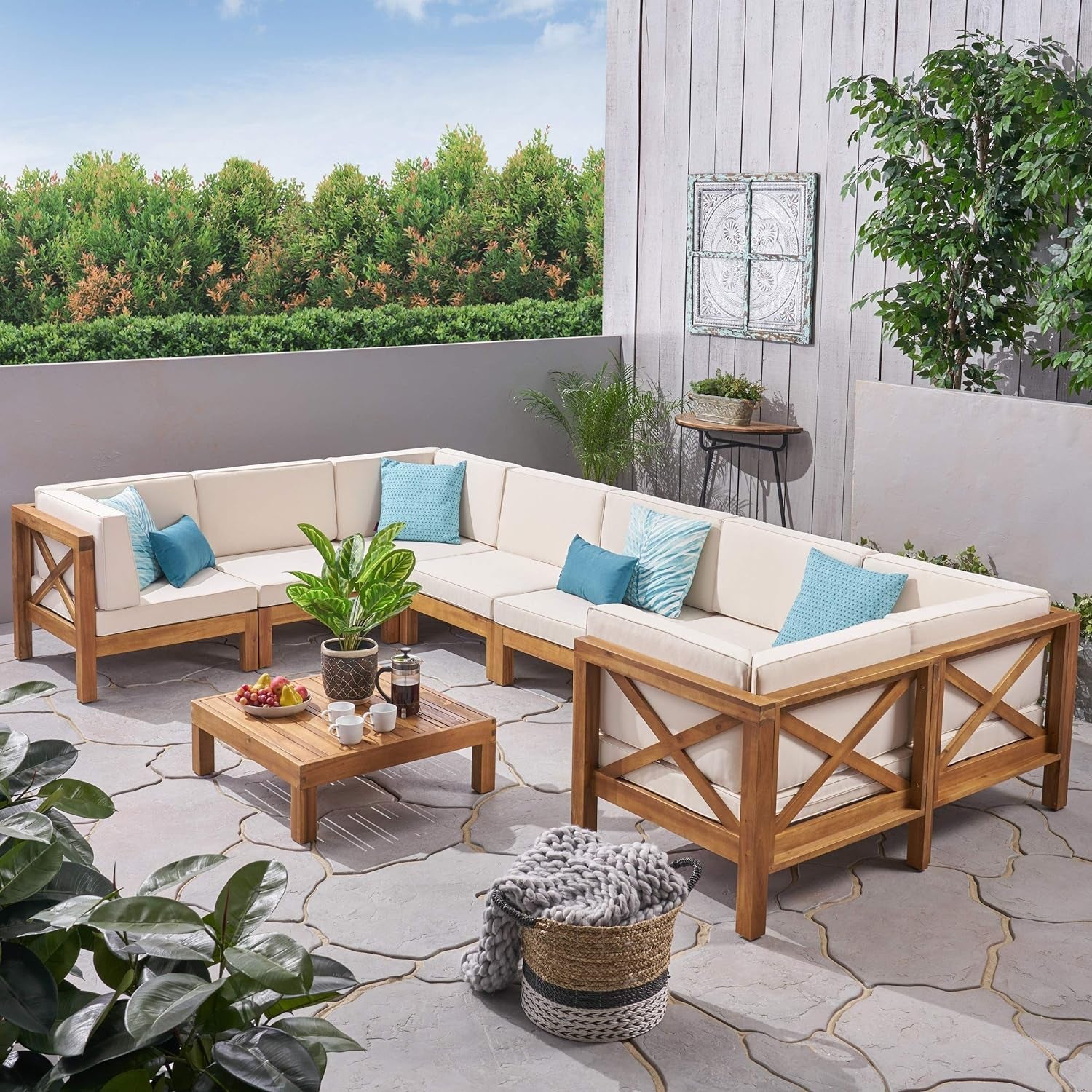 Great Deal Furniture Keith Outdoor Acacia Wood 8 Seater U-Shaped Sectional Sofa Set with Coffee Table, Teak and Beige Lawn & Garden Patio Patio Furniture & Accessories Patio Seating Sofas