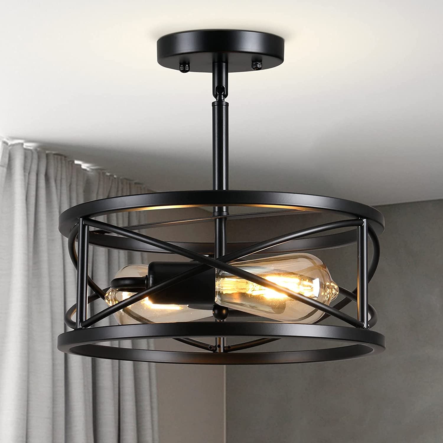 Semi Flush Mount Ceiling Light Fixtures, 2-Light Modern Kitchen Ceiling Light Farmhouse Industrial Sloped Ceiling Lighting with for Metal Drum Cage Hallway Bedroom Stair, Black and Gold Ceiling Lights Close To Ceiling Lights Lighting & Ceiling Fans Tools & Home Improvement