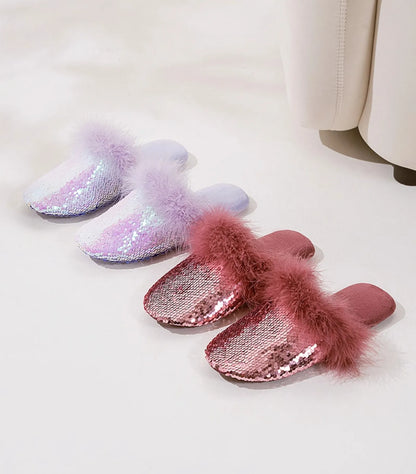 Plush Sequin Faux Fur House Slippers