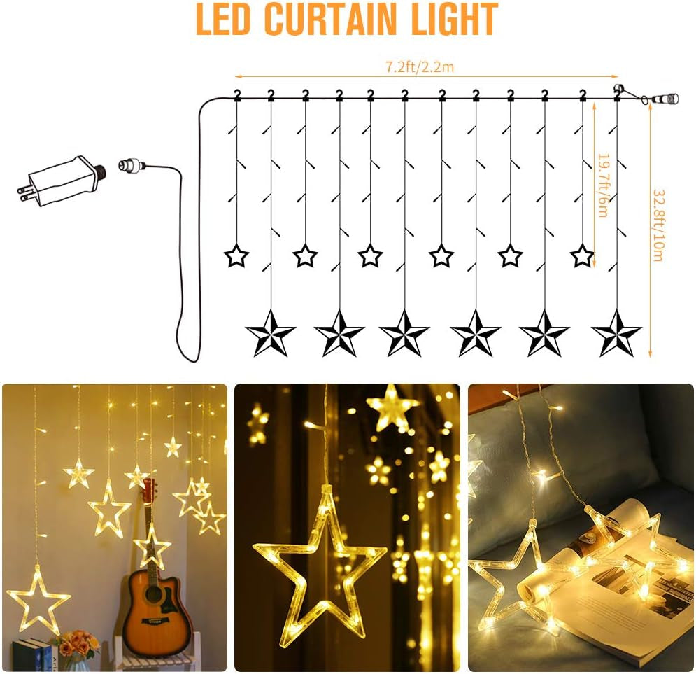 EEFOW Christmas Star Curtain Lights for Window - 138 LED 12 Stars String Lamp 8 Lighting Modes Fairy Xmas Decorations for Party Gift Outdoor Indoor Home Decor Bedroom Warm White US Plug