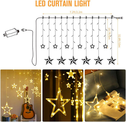 EEFOW Christmas Star Curtain Lights for Window - 138 LED 12 Stars String Lamp 8 Lighting Modes Fairy Xmas Decorations for Party Gift Outdoor Indoor Home Decor Bedroom Warm White US Plug