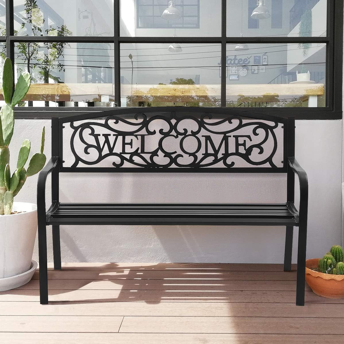 Giantex Garden Bench, Antique Metal outside Bench W/Warm Welcome Pattern, Elegant Bronze Finish and Durable Iron Frame for Park Yard Porch Chair (Black) Benches Lawn & Garden Patio Patio Furniture & Accessories Patio Seating