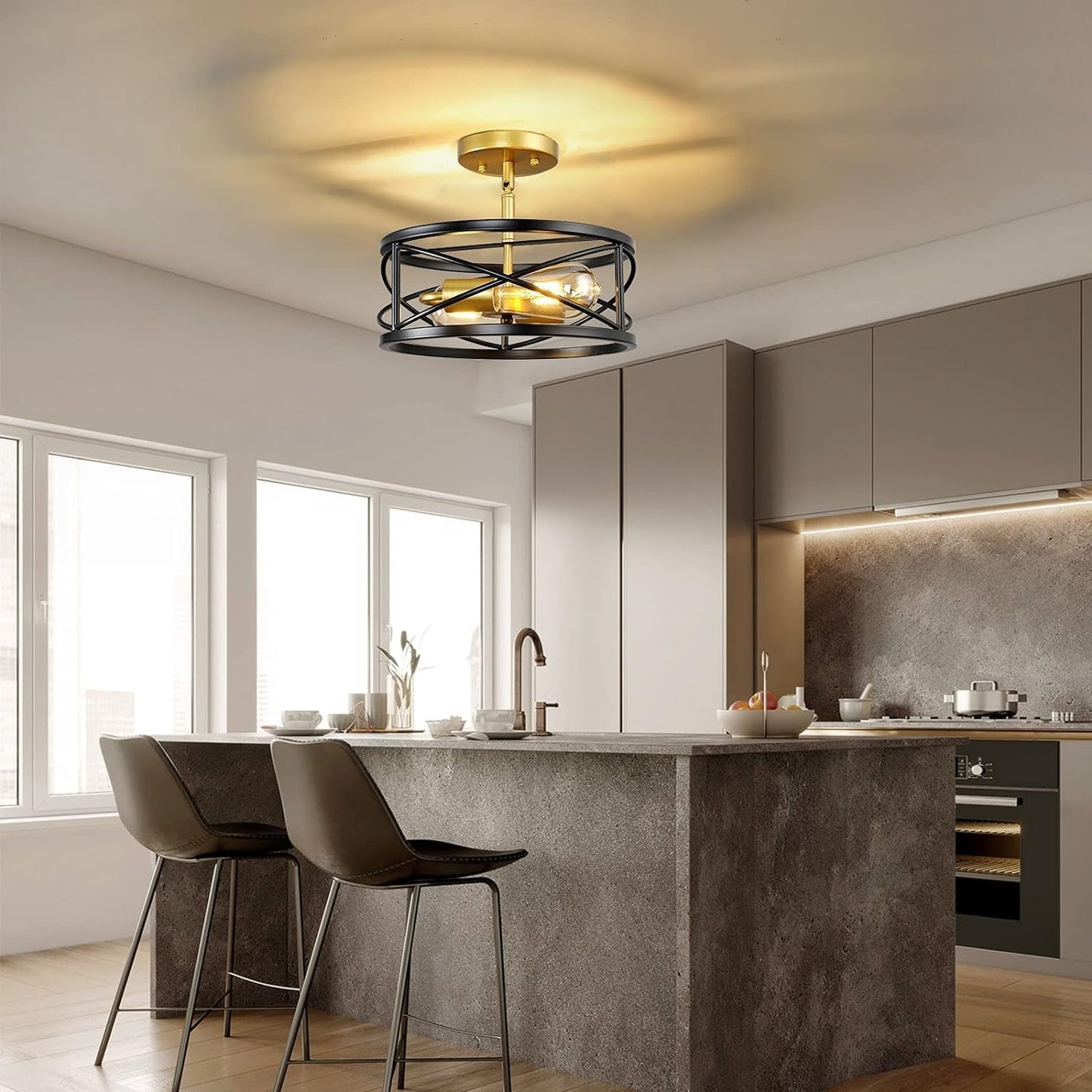 Semi Flush Mount Ceiling Light Fixtures, 2-Light Modern Kitchen Ceiling Light Farmhouse Industrial Sloped Ceiling Lighting with for Metal Drum Cage Hallway Bedroom Stair, Black and Gold Ceiling Lights Close To Ceiling Lights Lighting & Ceiling Fans Tools & Home Improvement