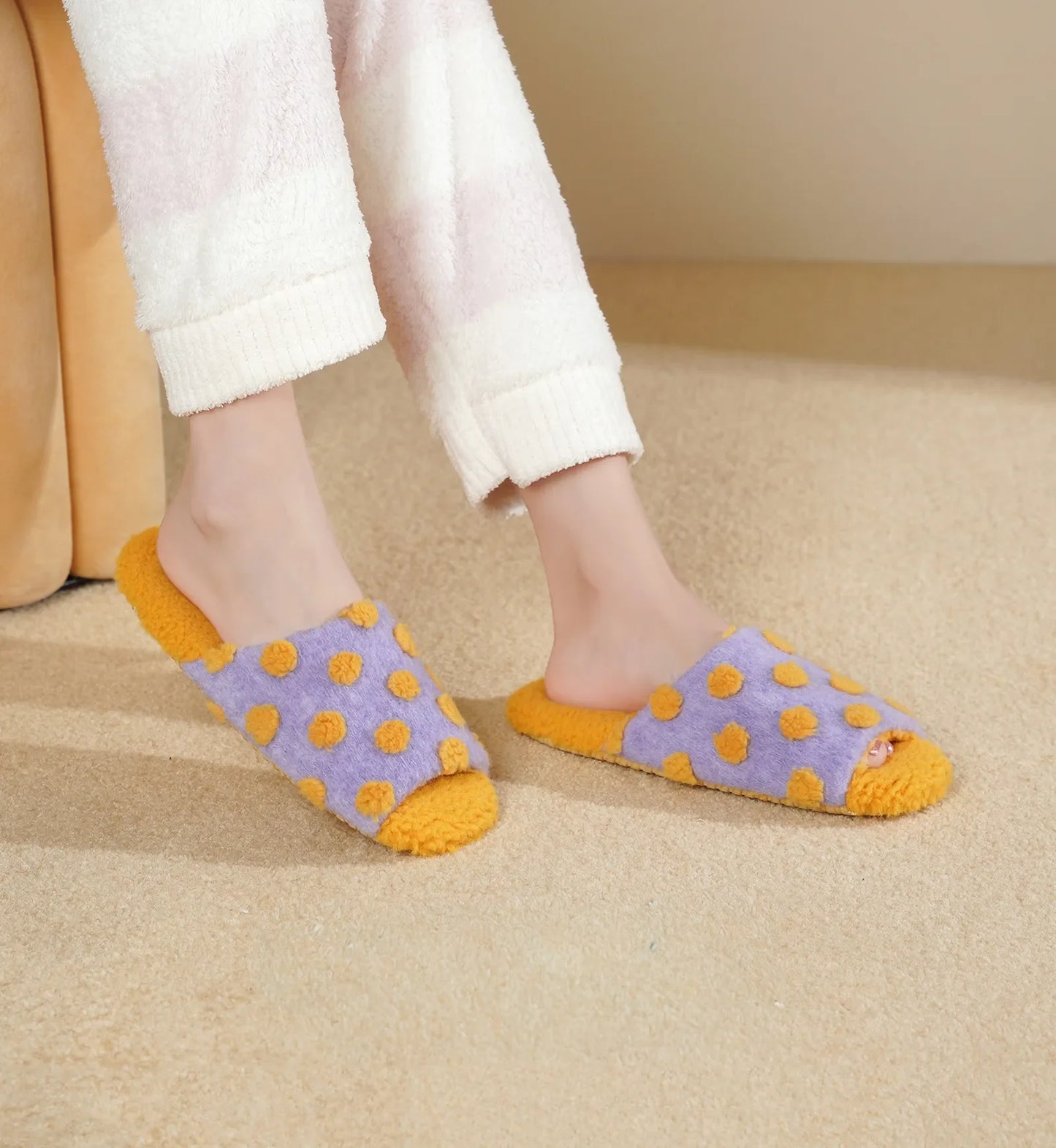 Plush Polka Dot Fuzzy House Slippers