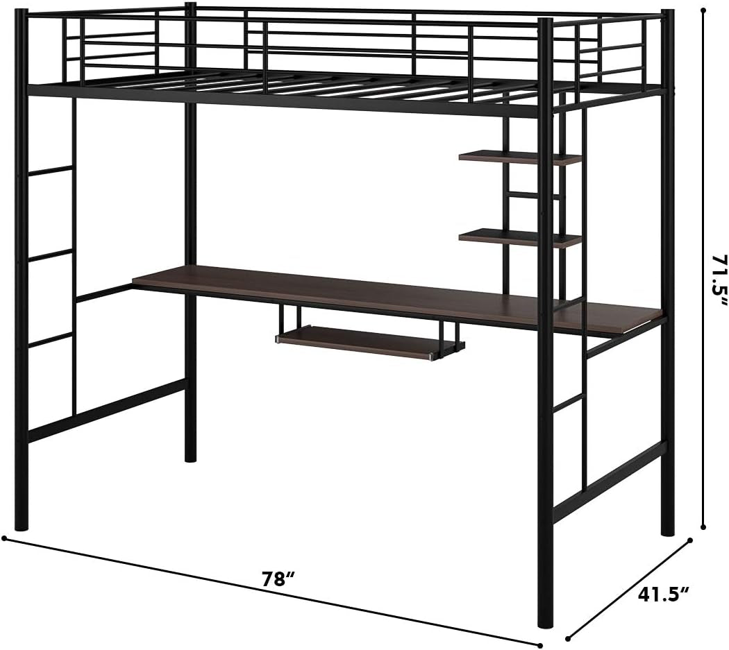 Giantex Metal Loft Bed Frame, Twin Size Bunk Bed with Bilateral Ladders, Guardrails, Desk and Bookcase, Space-Saving Loft Bed with Keyboard Tray for Boys & Girls Teens (Twin, Black) Bedroom Furniture Beds Frames & Bases Furniture Home & Kitchen