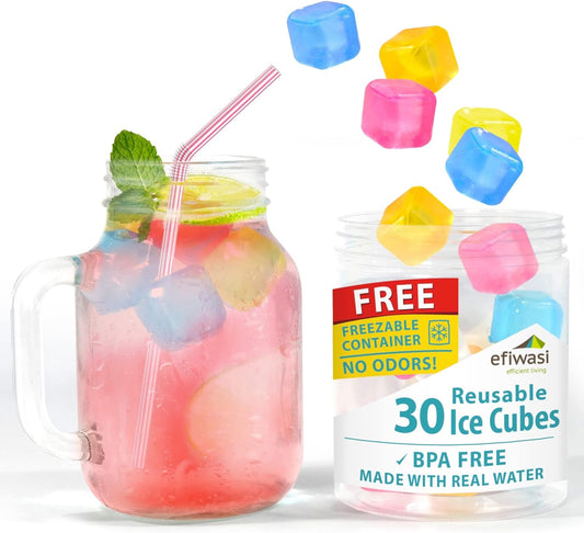 Reusable Ice Cubes for Drinks - Chills Drinks without Diluting Them - Made from BPA Free Plastic - Refreezable, Washable, Quick and Easy to Use - Pack of 30 with Storage Container by Efiwasi Home & Kitchen Ice Cube Molds & Trays Kitchen & Dining Kitchen Utensils & Gadgets Specialty Tools & Gadgets