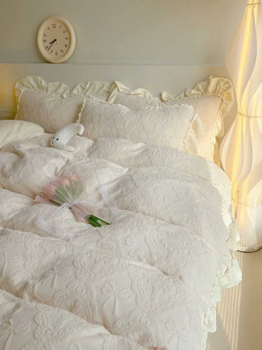 Plush Ruffled Embossed Bow Flannel Fleece Bedding Set