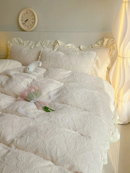 Plush Ruffled Embossed Bow Flannel Fleece Bedding Set
