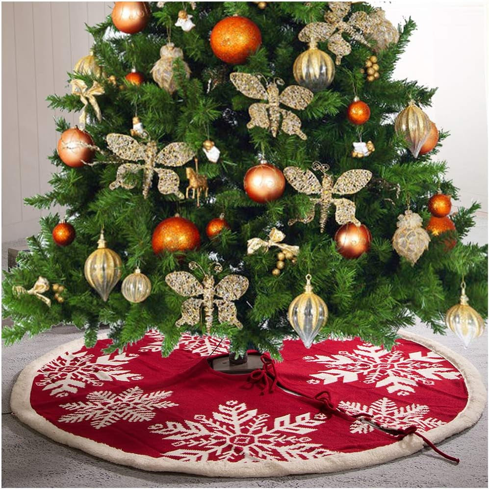 Glitzhome 52" Knitted Red Christmas Tree Skirt Large round Tree Ornaments Skirt for Xmas Holiday Party Decorations Home & Kitchen Seasonal Décor Tree Skirts